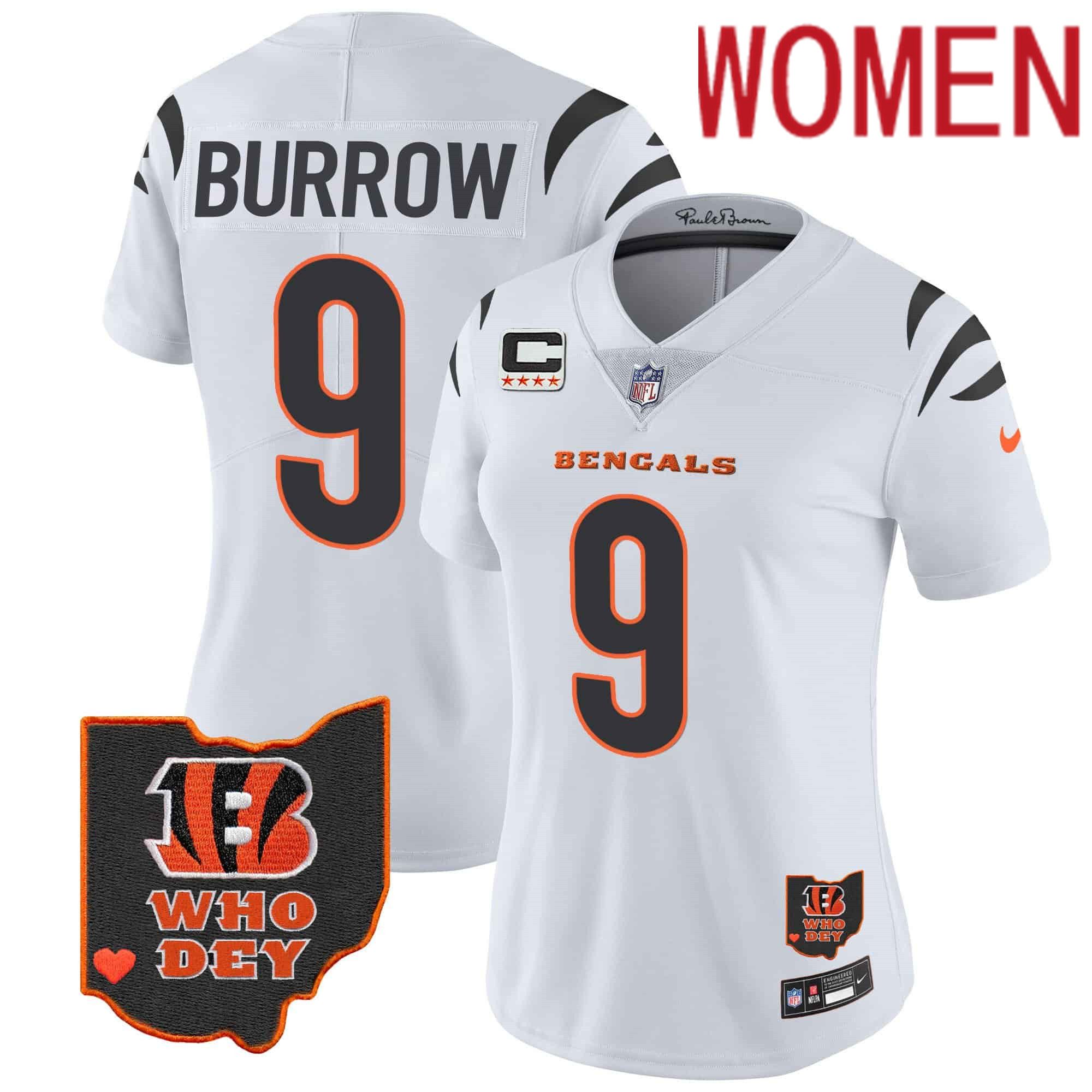Women Cincinnati Bengals 9 Burrow White 2024 Nike Patch Vapor Limited NFL Jersey